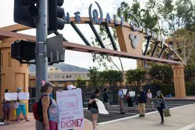Protesters gather outside Walt Disney Studios in support of Kimmel following ABC ouster